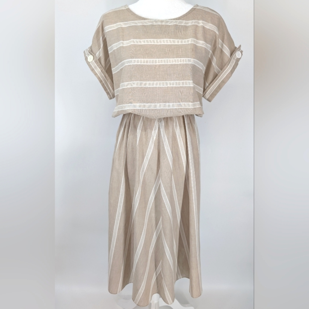 Vintage Tabby of California Tan White Striped Short Sleeve Midi Dress Small
